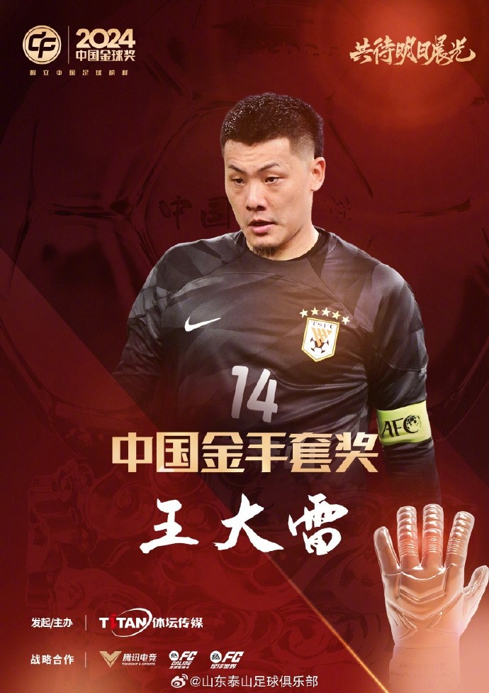  王大雷榮獲中國金手套獎，謝文能入選中國金球獎候選人前三名