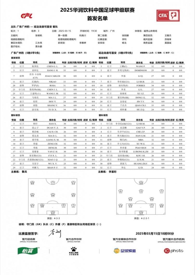  廣州豹vs延邊龍鼎首發(fā)：卡洛斯、羅薩、尼康三外援領(lǐng)銜廣州豹