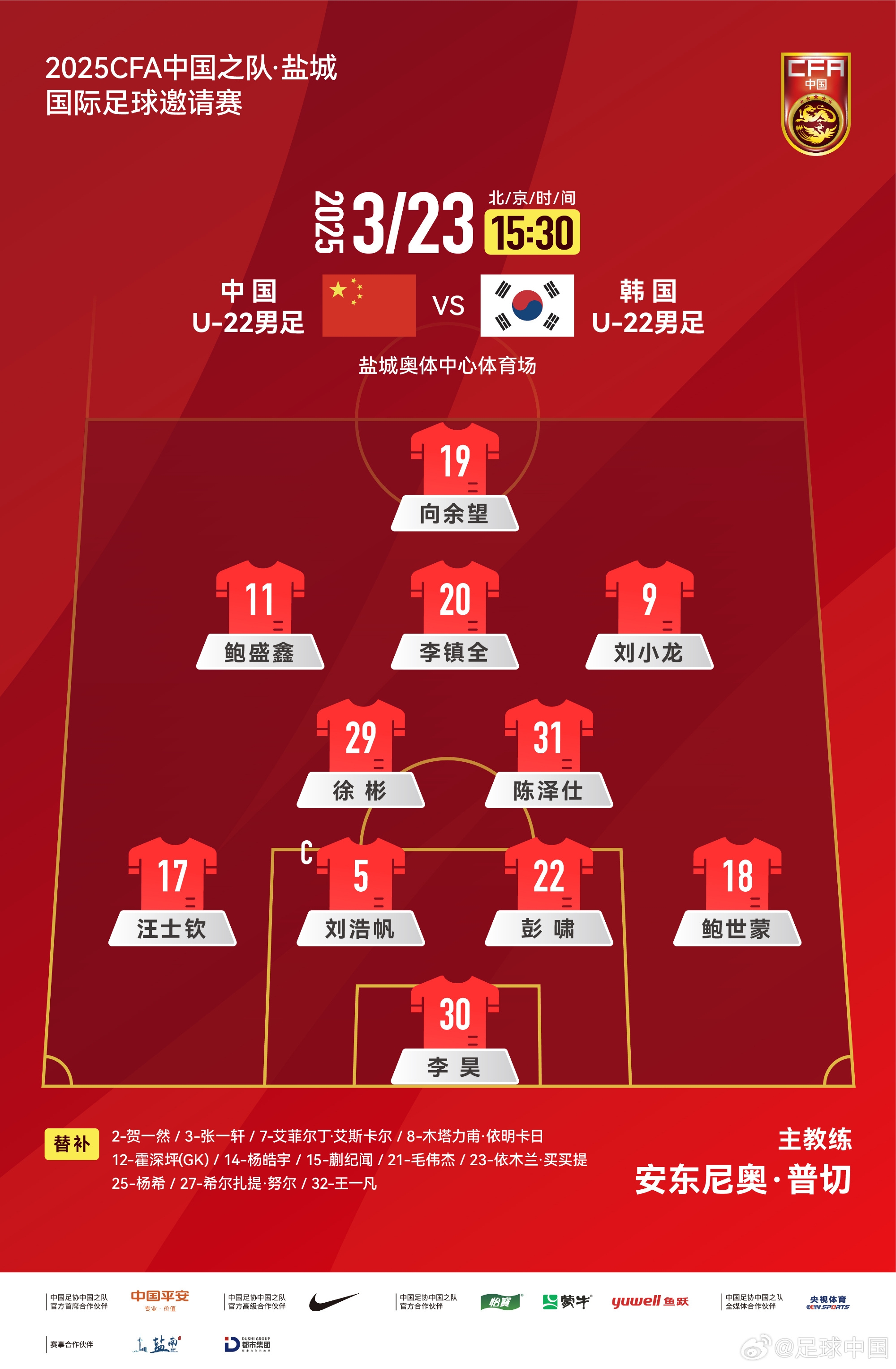  鹽城四國賽，中國U-22男足對(duì)陣韓國U-22男足，中國隊(duì)首發(fā)陣容