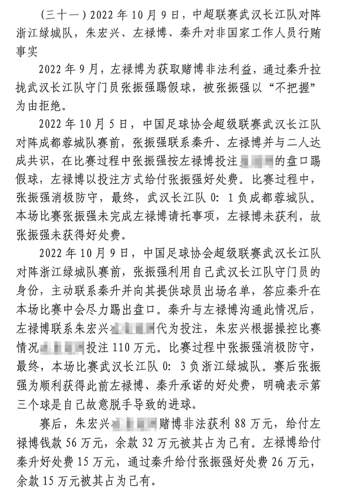 網(wǎng)傳判決書：前武漢門將向秦升主動(dòng)請(qǐng)纓踢假球，合分41萬好處費(fèi)