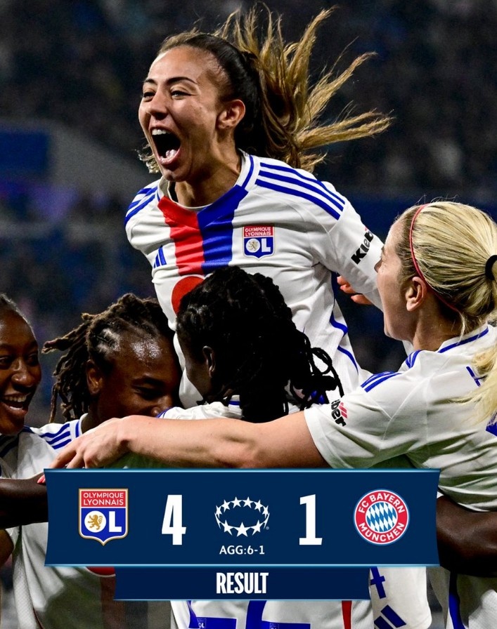  里昂女足4-1大勝拜仁女足，總比分6-1晉級女足歐冠半決賽